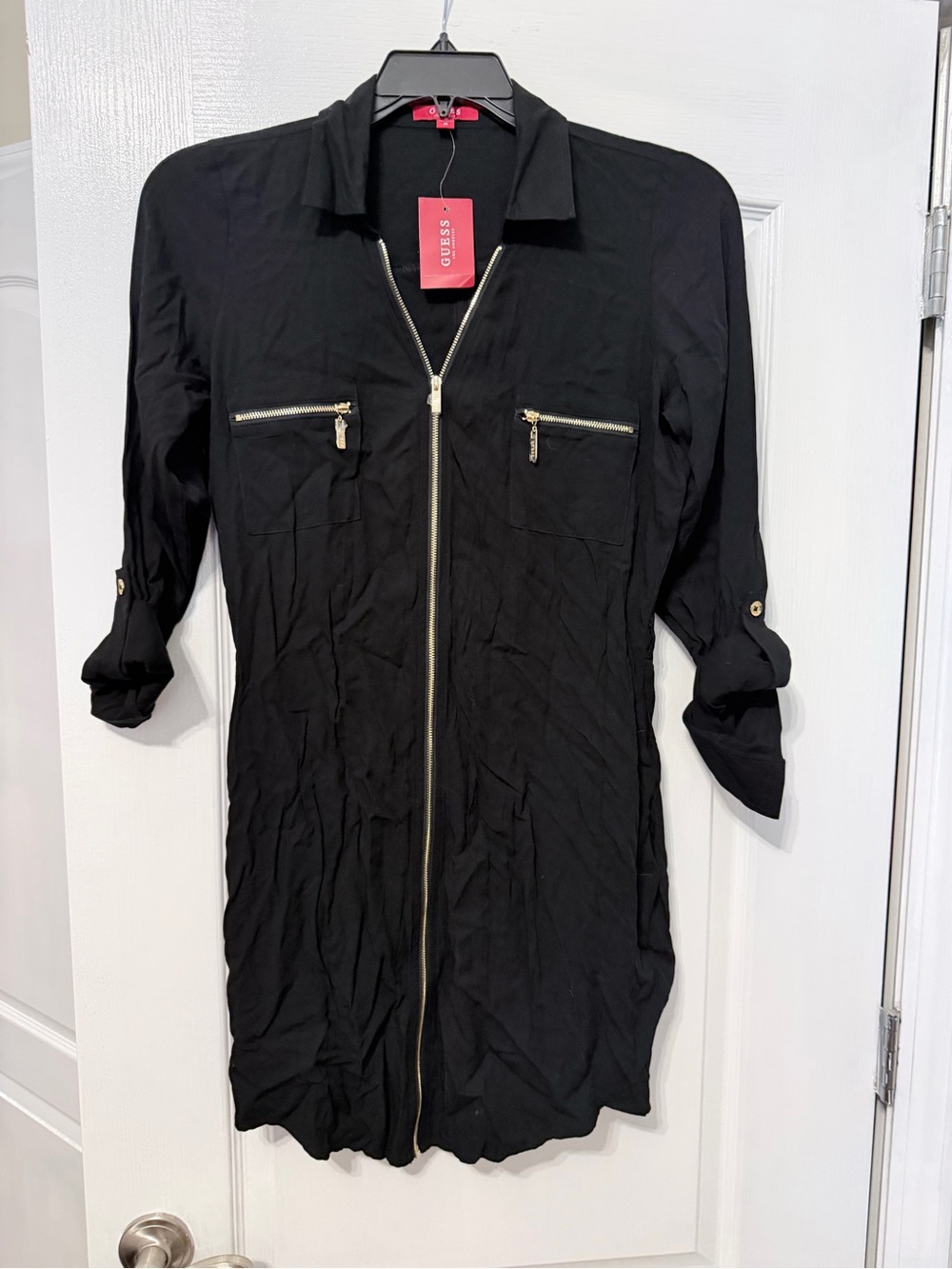 GUESS Black Long-Sleeve Zip Front Shirt Dress